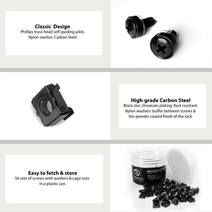 RIVECO Rack Screws & Cage Nuts for Server Cabinets & Racks Mounting Network Equipment Clip Nuts 50 Sets M6 x 16mm Black…