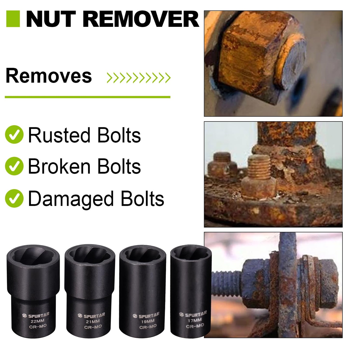 Spurtar 5 Pcs Wheel Lock Removal Kit, Locking Lug Nut Removal Tool Lug Nut Extractor Set Twist Socket Set for Removing Damaged, Dead, Rusted, Rounded-Off Bolts, Nuts & Screws-17MM,19MM, 21MM, 22MM