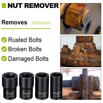 Spurtar 5 Pcs Wheel Lock Removal Kit, Locking Lug Nut Removal Tool Lug Nut Extractor Set Twist Socket Set for Removing Damaged, Dead, Rusted, Rounded-Off Bolts, Nuts & Screws-17MM,19MM, 21MM, 22MM
