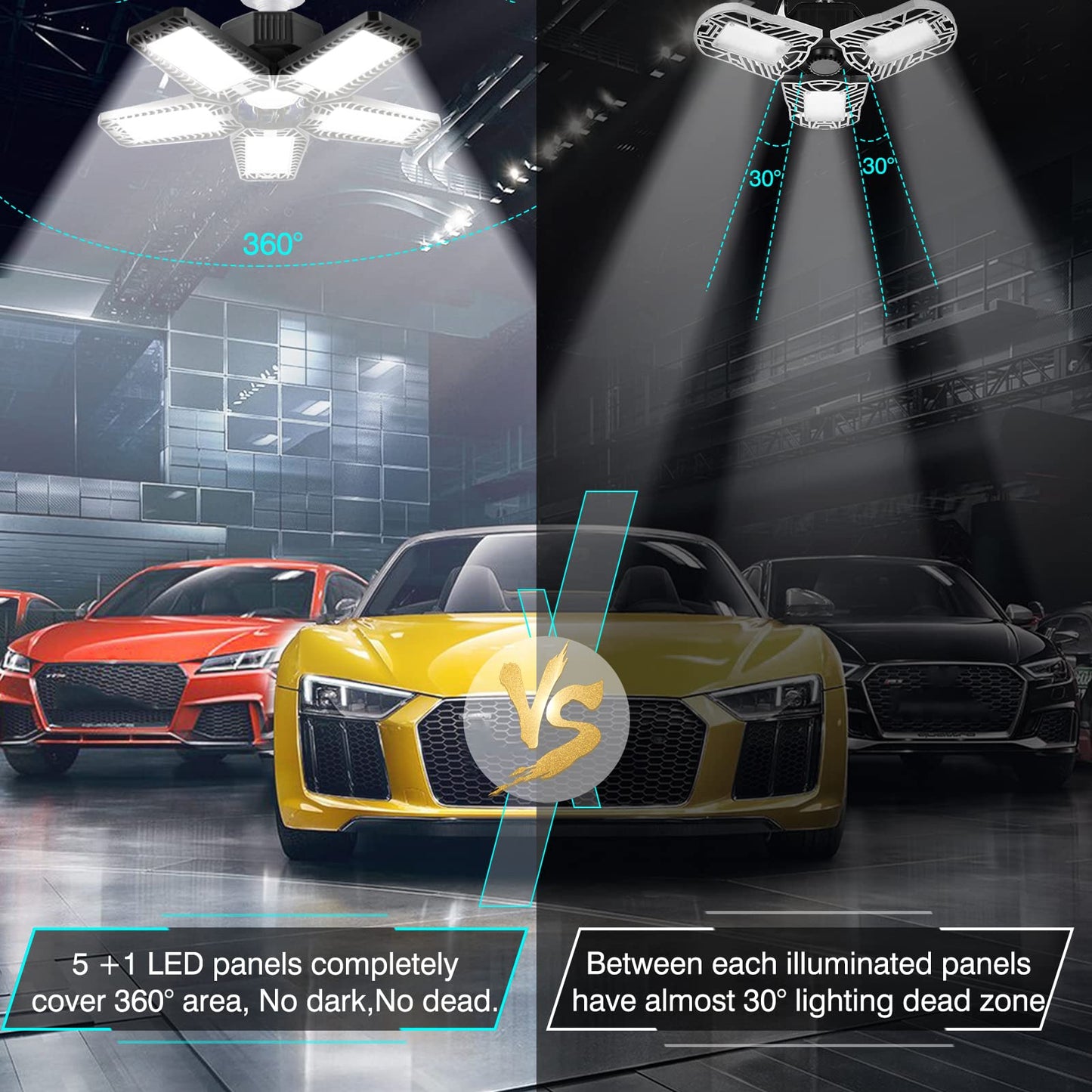 YIBEYYDS LED Garage Light - 160W 16000LM 6500K LED Garage Ceiling Lights, Screw in Shop Lighting 5+1 Deformable Panels for Attic, Basement, Workshop, E26/E27 (1)
