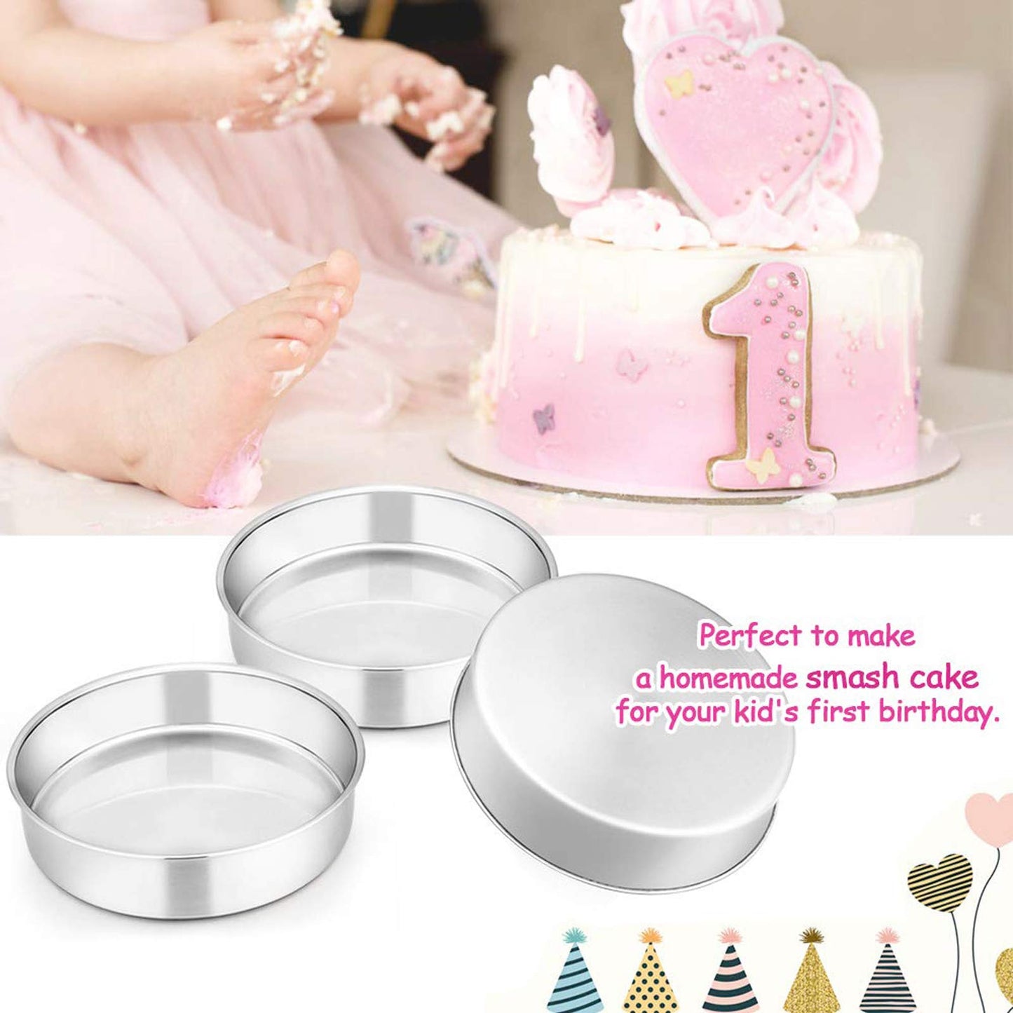6 Inch Cake Pan Set of 3, E-far Stainless Steel Round Smash Cake Baking Pans, Non-Toxic & Healthy, Mirror Finish & Dishwasher Safe