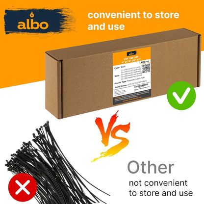 ALBO Black Zip Ties Assorted Sizes 800 Pack 4+6+8+10+12 Inch Plastic Black Cable Ties Wire Tie UV Resistant Nylon Tie Wraps Assorted Sizes