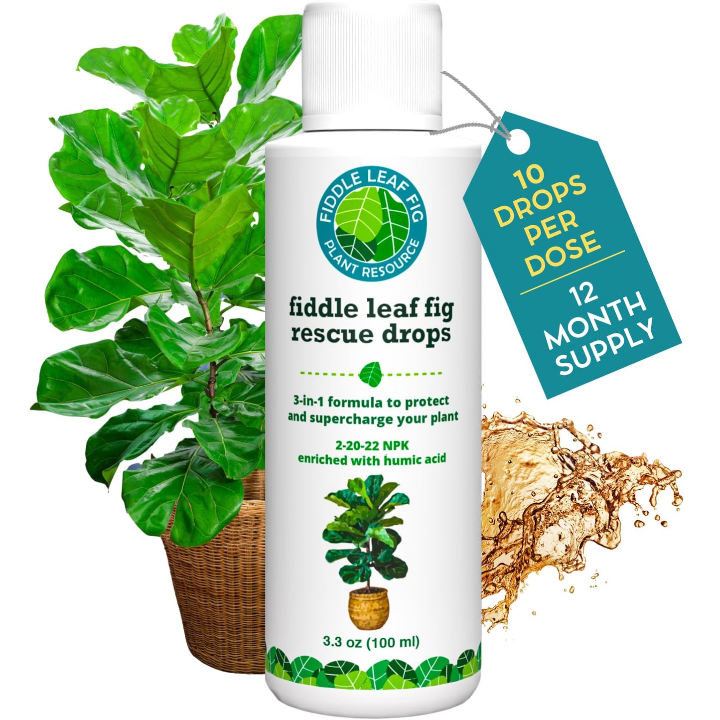 Fiddle Leaf Fig Rescue Drops by Fiddle Leaf Fig Plant Resource | 3-in-1 Liquid Fertilizer, Root Supplement & Immunity Booster (3.3 Fluid Ounces - 100ml)