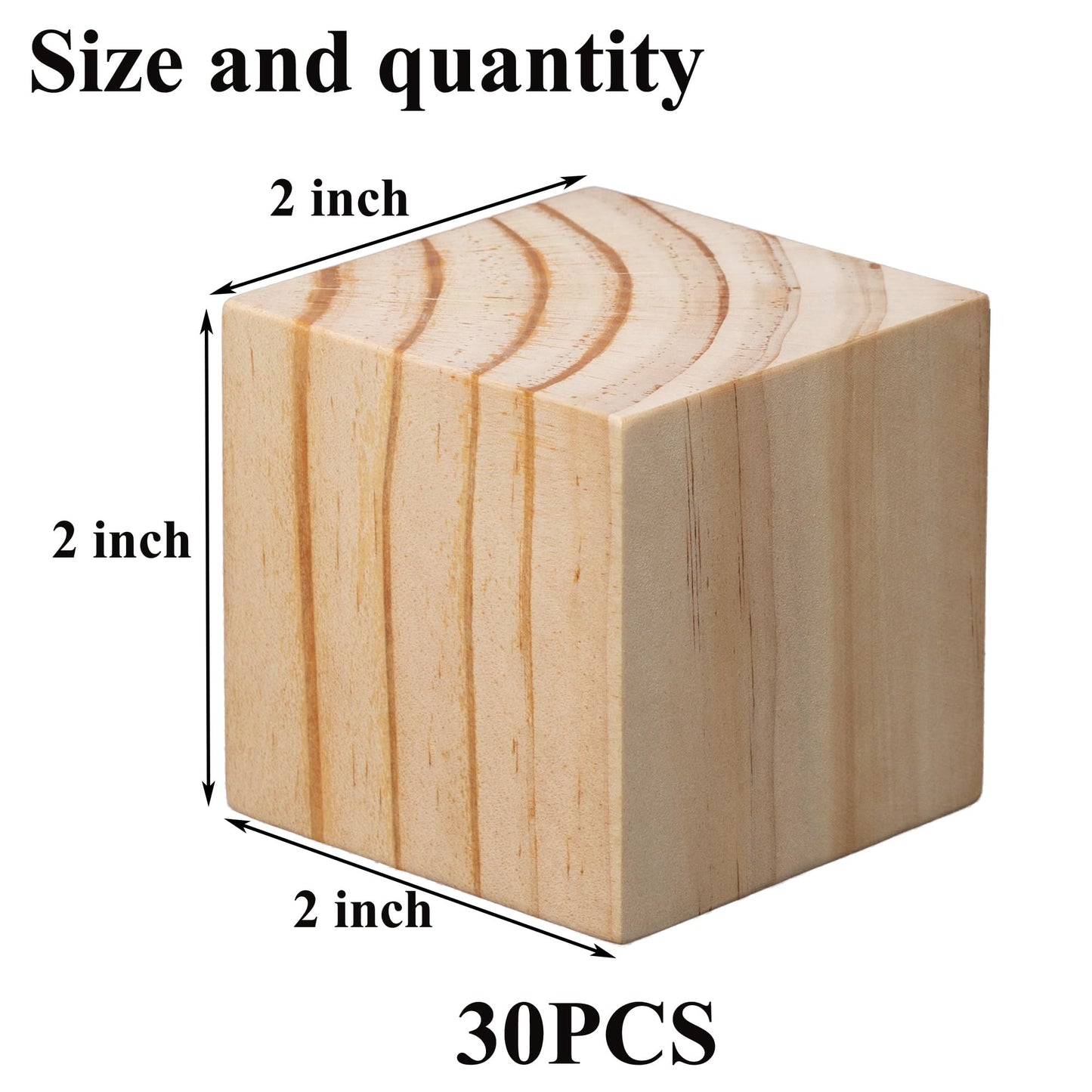 30 Pack Unfinished Wood Blocks 2 Inch - Solid Pine Wooden Cubes for Crafts, Sanded Smooth Natural Wood Squares for Carving, Painting, Engraving & Rustic Home Decor