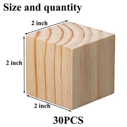 30 Pack Unfinished Wood Blocks 2 Inch - Solid Pine Wooden Cubes for Crafts, Sanded Smooth Natural Wood Squares for Carving, Painting, Engraving & Rustic Home Decor