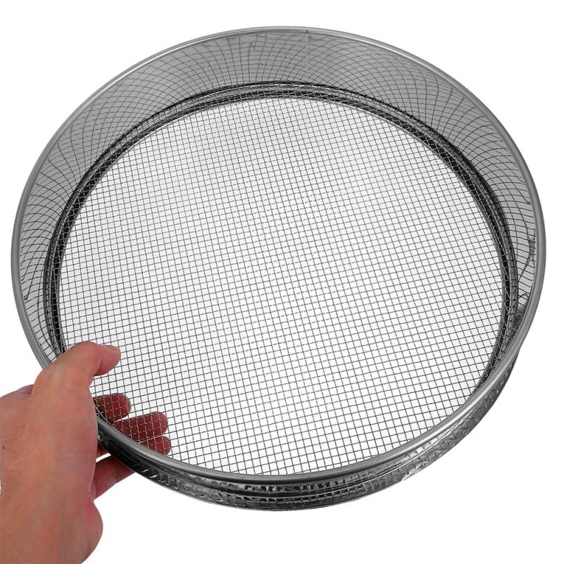 Veemoon Stainless Steel Garden Soil Sieve. Soil Classifier Sifter Round Planter Sand Screen Pan - 2mm Mesh Sifter Pan for Potting Compost and Sand Rock Sifting Filtration (9.8 Inch)