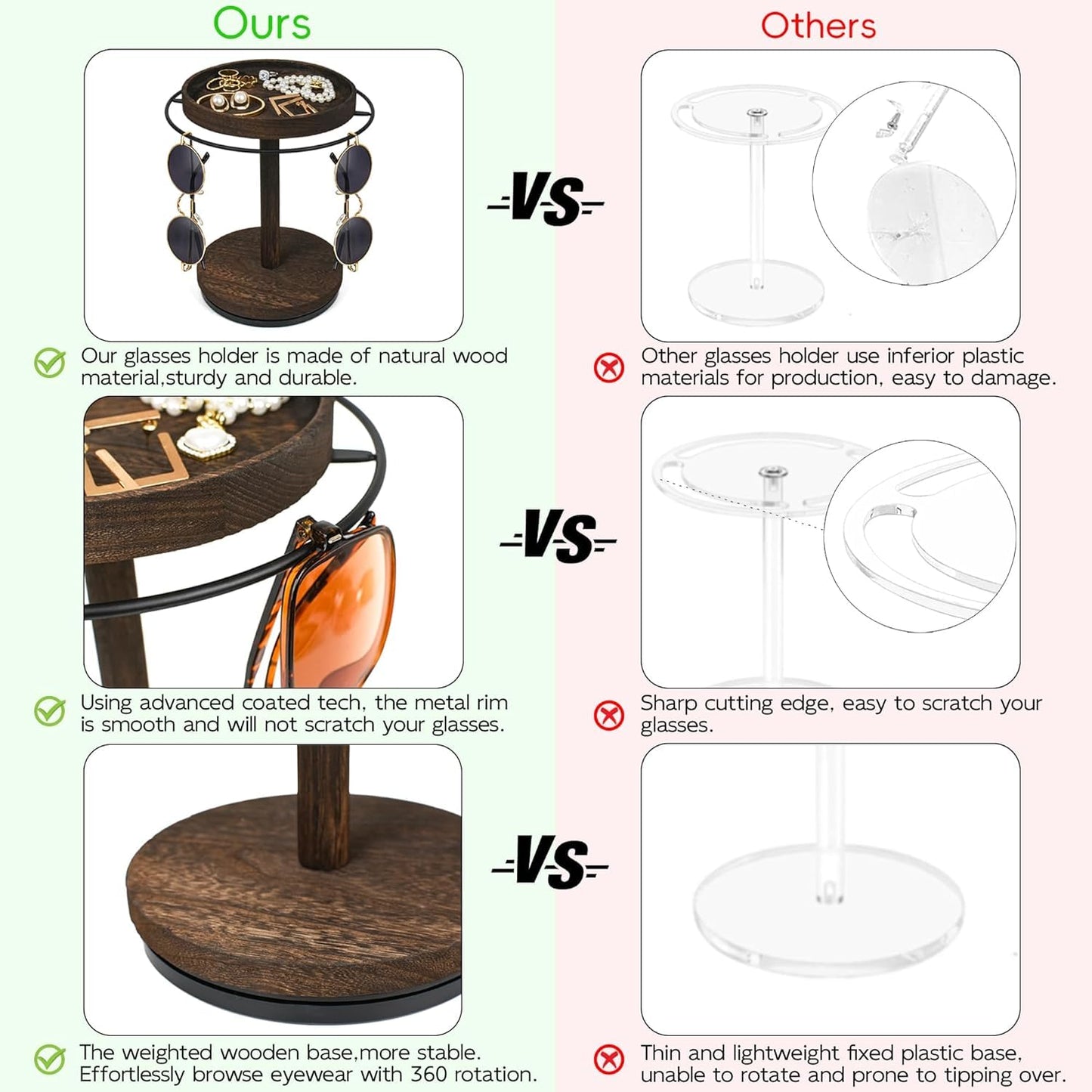 360° Rotating Sunglass Organizer Storage, Metal Frame with Wood Base and Tray, Glasses Holder Stand with Tray for Desk, Dresser, Tabletop, Nightstand and Home Decor