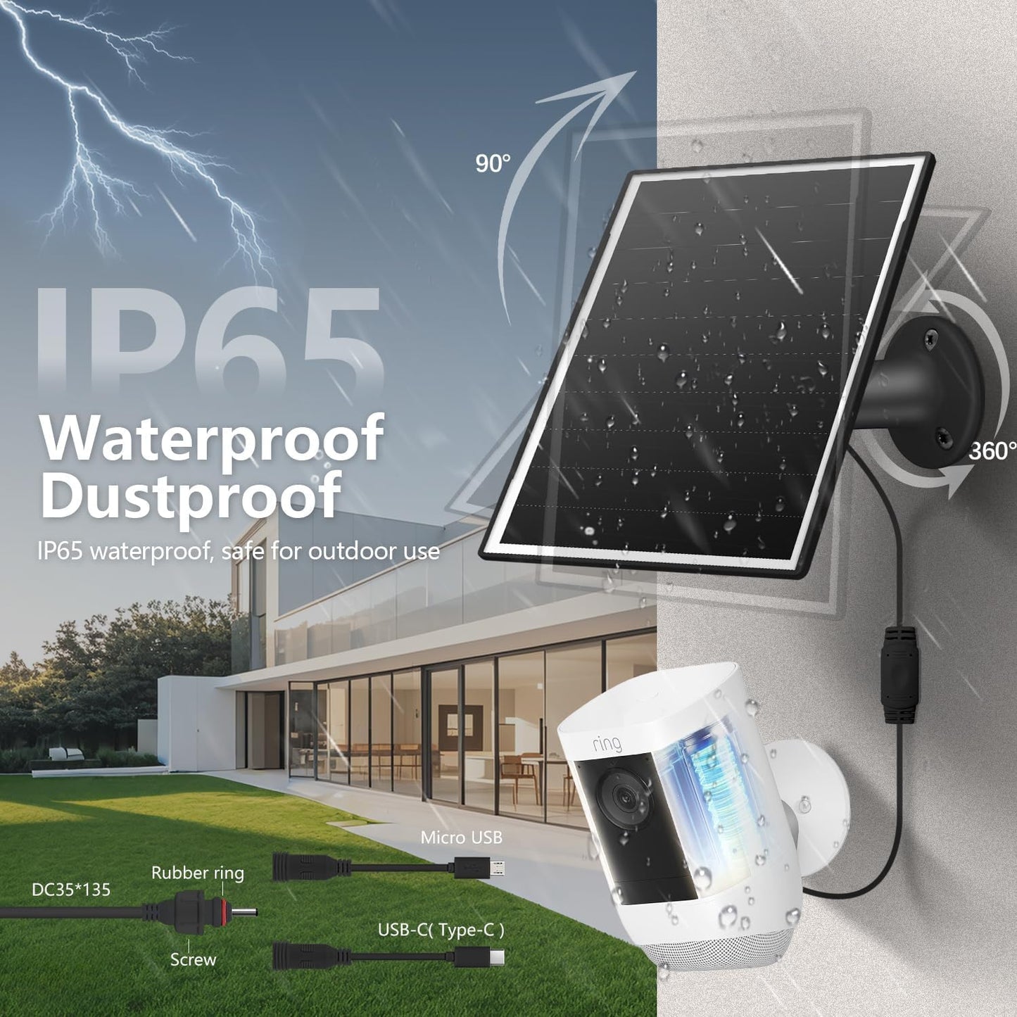 8W Solar Panel Charger for Outdoor Security Cameras, with Micro USB/USB-C and DC (35 * 135) Port, Fits Eufy/Wyze/Ring Camera, 9.8ft Cable,Stabilization System for Battery Protection Fast Charging