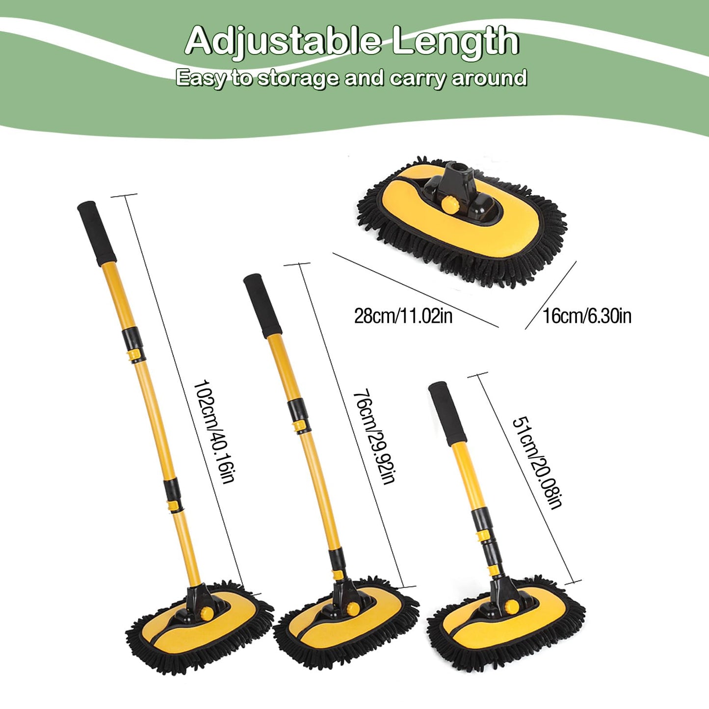 43" Car Wash Brush with Long Handle, Car Wash Mop with 2 Replaceable Microfiber Head, 15° Telescopic Curved Microfiber Cleaning Mop Car Washing Kit for RV Truck Camper Automotive Broom Accessories
