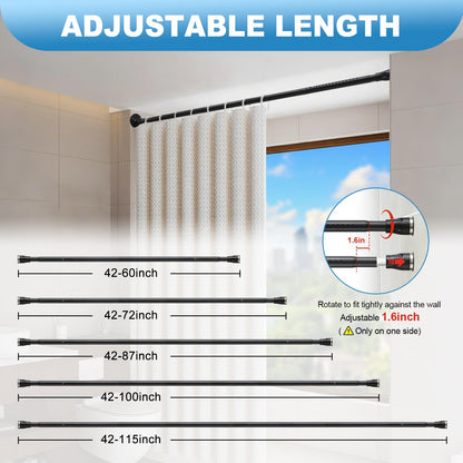 Tension Shower Curtain Rod, 42 to 115 inch Adjustable Heavy Duty black shower tension curtain rod for bathroom Closet Windows