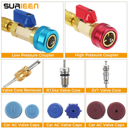 Surieen R134A Valve Core Quick Remover Installer Tool Set, AC High Low Pressure Valve Core Remover Tools Kit for R134A Refrigerant Air Conditioner System