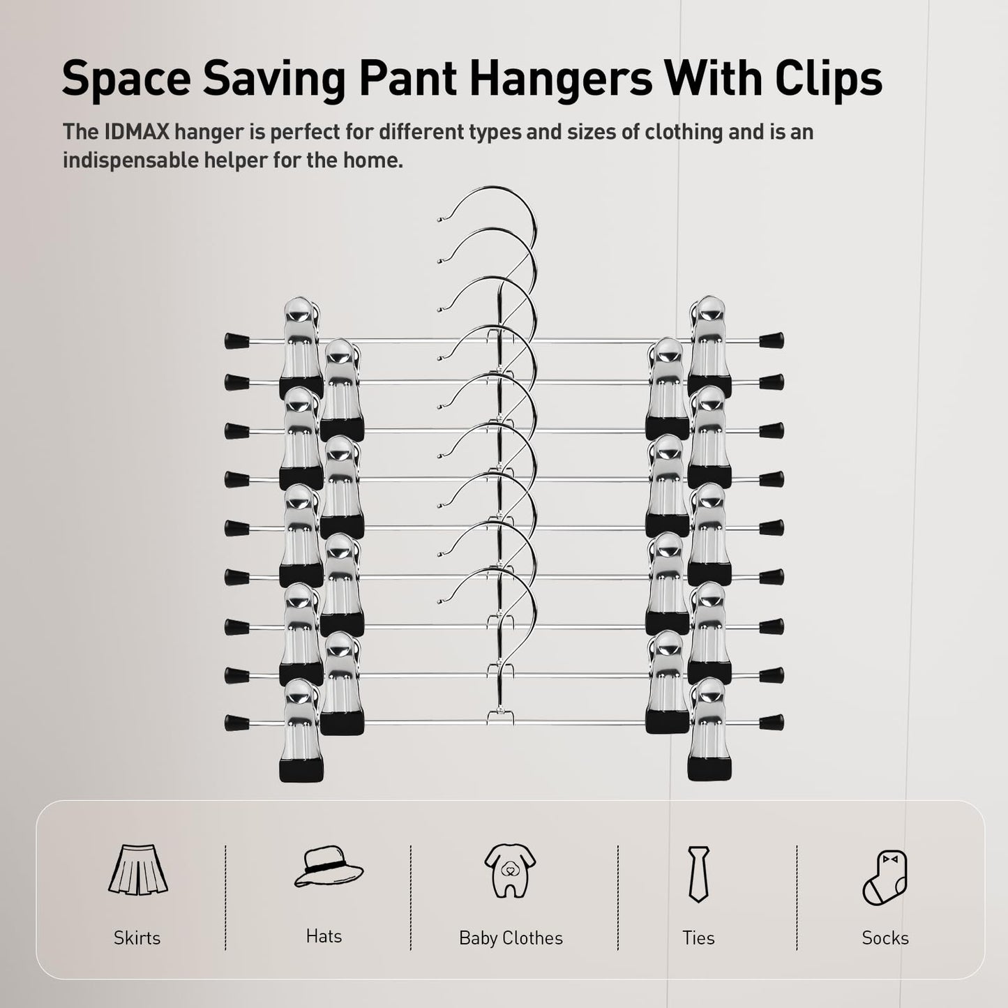 Clothes Hangers, IDMAX Adjustable Heavy Duty Hangers with Non-Slip Clips Pants Hangers Stainless Steel Skirt Coat Suit Hangers Stackable Coat Hangers Clothes Hook Space Saving (30 Pack)