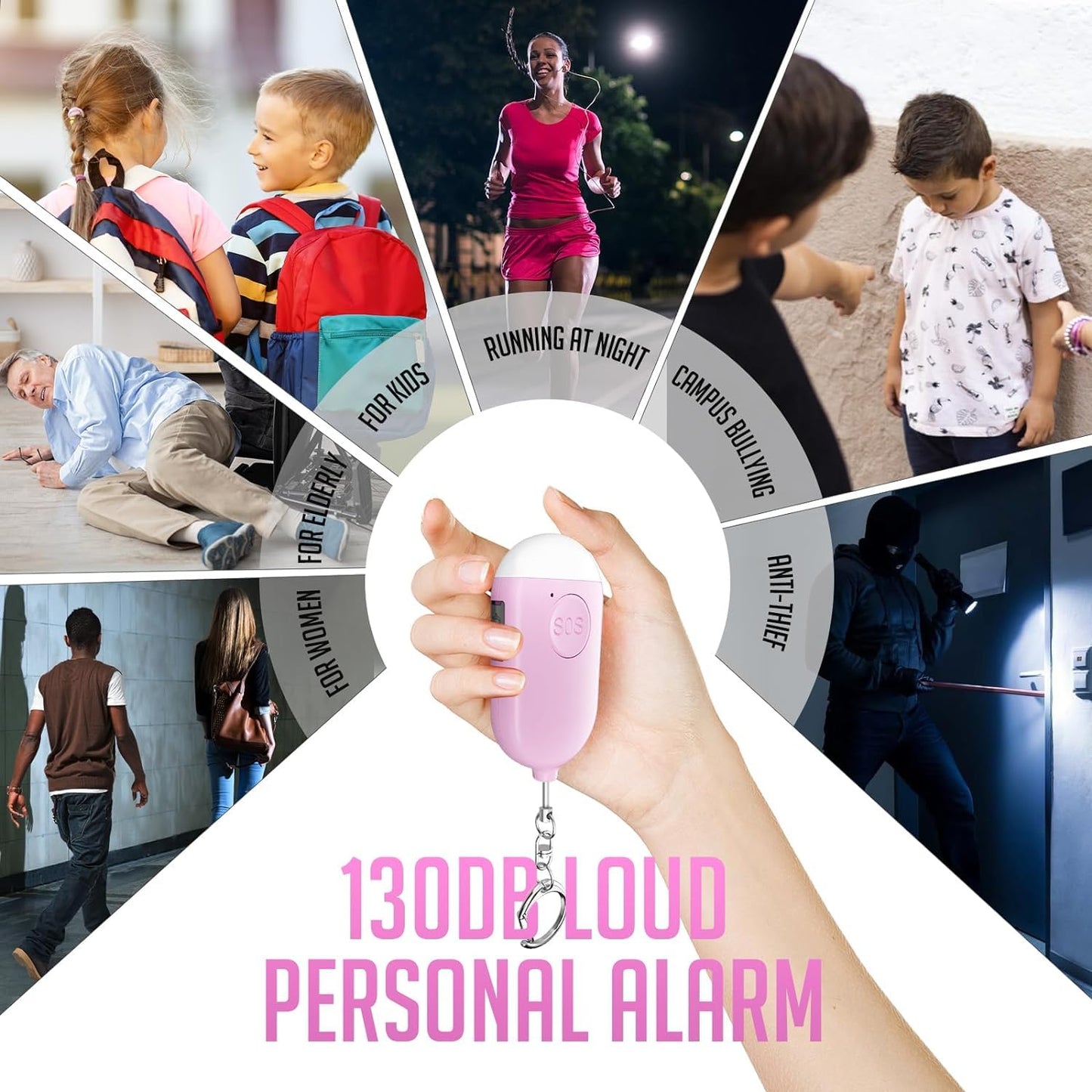 Safesound Personal Alarm Siren Song 3-Pack - 130dB Self Defense Alarm Keychian Rechargeable with Emergency LED Flashlight - Security Personal Protection Devices (3)