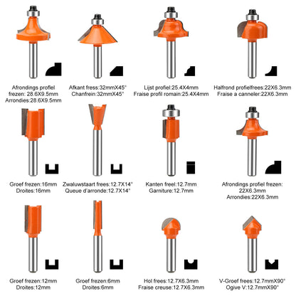 Yueqing Zhongji 1/4 Shank Router Bit Router bits 1/4 Shank-6.35MM Shank 12 Piece Router bit Set Tungsten Carbide Router Bit Professional Level Router bits 1/4 Shank Set ﻿