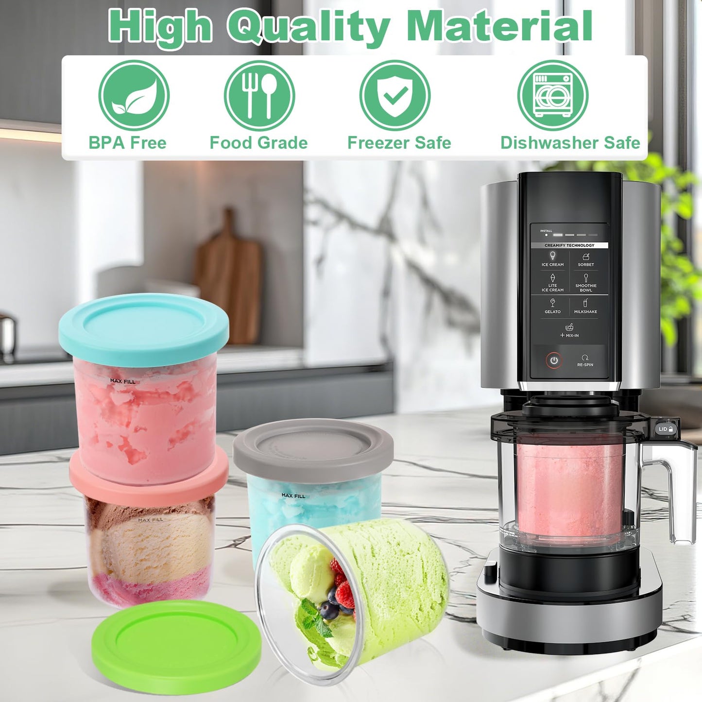 4 Pack Creami Pint & Lids for Ninja, 16oz Pint Containers Compatible with Ninja NC299 NC300 NC301 Series Creami Maker Machine Accessories, BPA Free & Dishwasher Safe