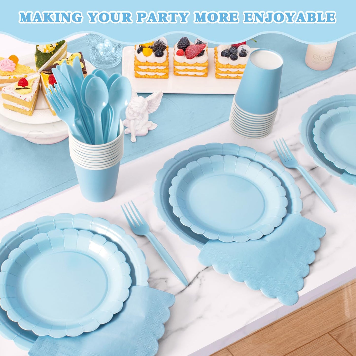 Vyntra 175 PCS Disposable Paper Plates & Napkins Set, Light Blue Party Dinnerware – Baby Shower, Birthday, Gender Reveal