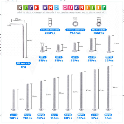 Glarks 1021Pcs M3 Button Head Screws 304 Stainless Steel Hex Socket Cap Screws Bolts and Nuts Washers Assortment Kit with Hex Wrench for Machinery Furniture Car Repair
