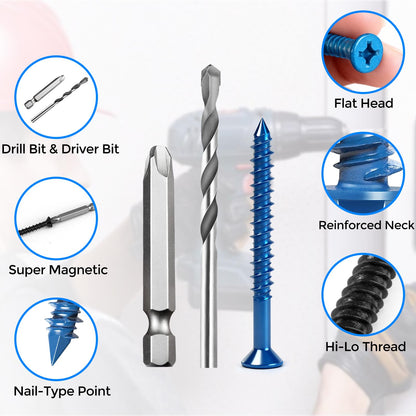 100PCS Concrete Screws Assortment Kit, Flat Head 3/16" Masonry Screws with Drill Bit and Driver Bit for Masonry