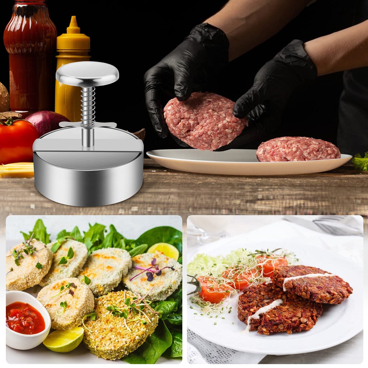 TIANTOU Burger Press, Stainless Steel Adjustable Hamburger Meat Press, Non Stick Patty Press are Suitable for Beef, Vegetables, Burgers and Cooking,BPA Free - Ideal for BBQ, Silver