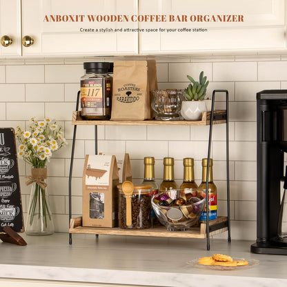 ANBOXIT Coffee Station Organizer for Countertop, Coffee Bar Accessories and Organizer, Wooden Kitchen Counter Shelf, 2 Tier Coffee Condiment Storage, Coffee Caddy for Kitchen, Home, Office - Brown