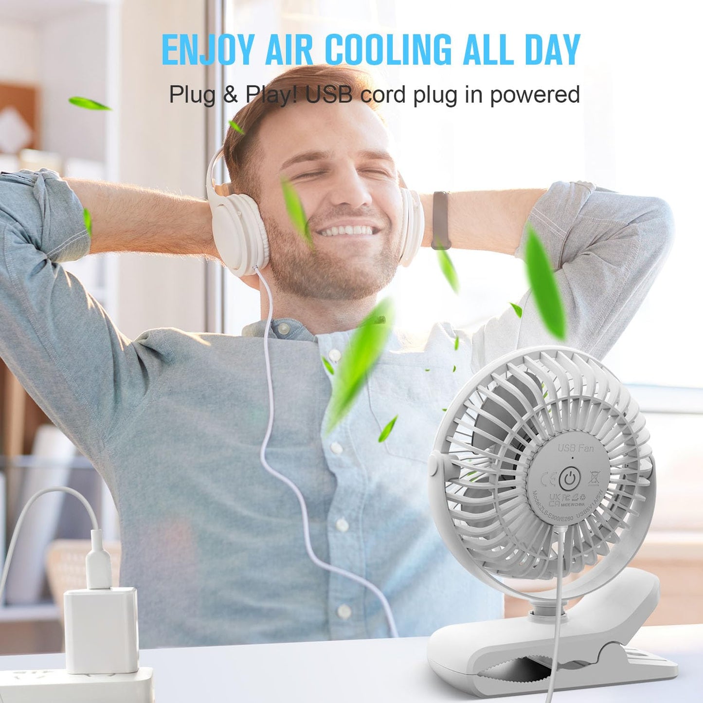 BESKAR USB Powered Clip on Fan, Portable Small Fan with Cord, 3 Speeds Strong Airflow, Personal Fan with Sturdy Clamp, Quiet Desk Fan & Clip Fan