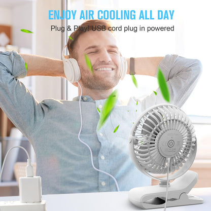BESKAR USB Powered Clip on Fan, Portable Small Fan with Cord, 3 Speeds Strong Airflow, Personal Fan with Sturdy Clamp, Quiet Desk Fan & Clip Fan