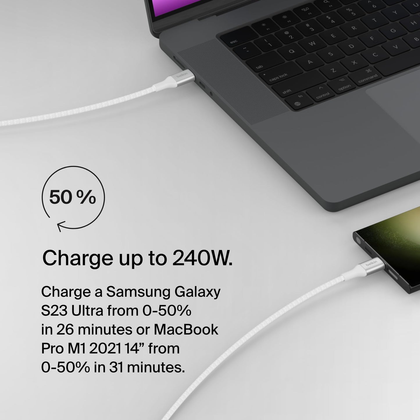 Belkin BoostCharge USB-C to USB-C Power Cable (2M/6.6ft) Fast Charging Cable 240W Power Delivery USB-IF for MacBook Pro, iPad, iPhone 16 Series, Galaxy S25 Series, Nintendo Switch 2 & More - White