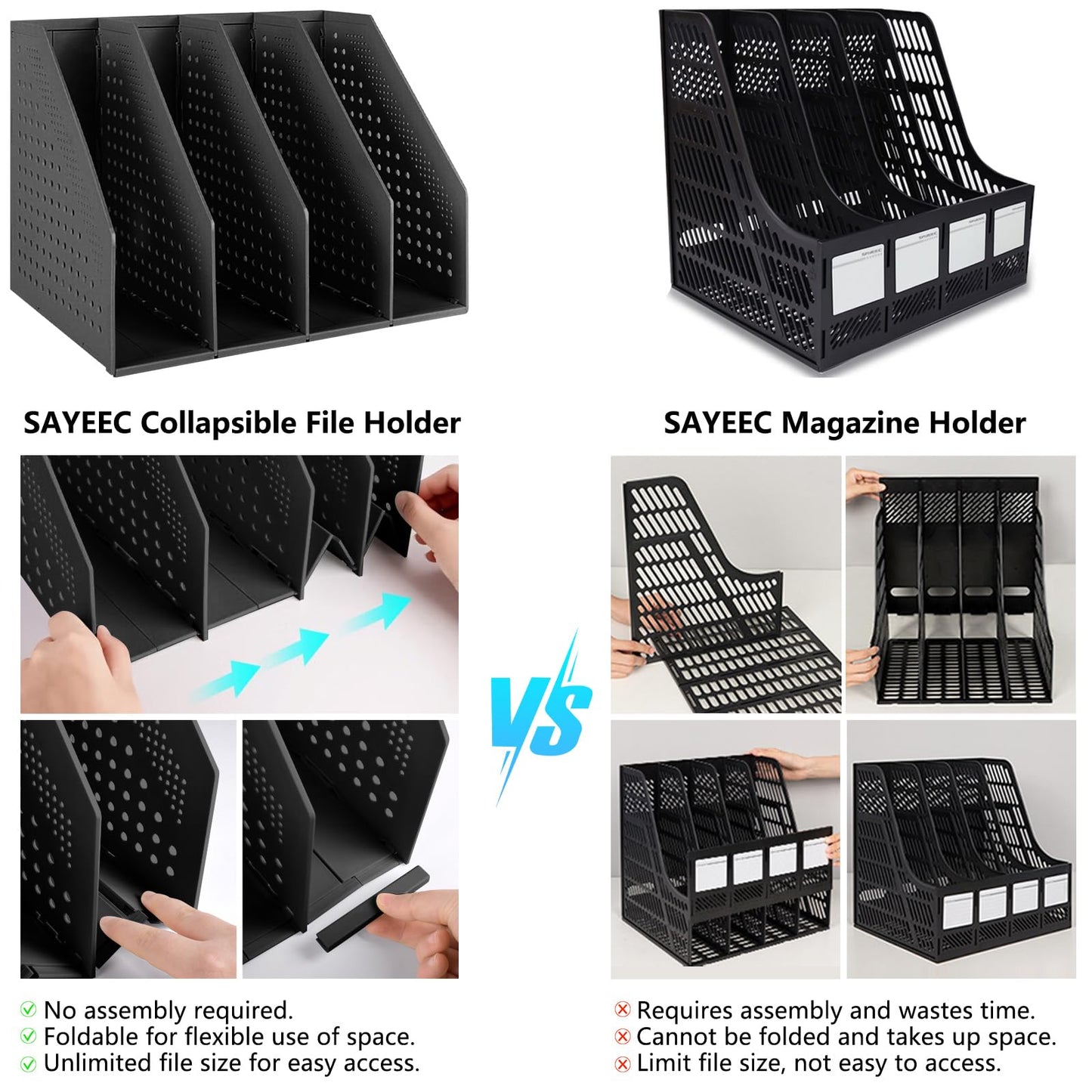 SAYEEC Collapsible Magazine Holder Plastic Desktop Vertical 4 Compartment File Magazine Organizer Holder File Divider Sorter Stand Office Document Organizer Storage Box Bins Home School Black