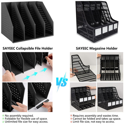 SAYEEC Collapsible Magazine Holder Plastic Desktop Vertical 4 Compartment File Magazine Organizer Holder File Divider Sorter Stand Office Document Organizer Storage Box Bins Home School Black