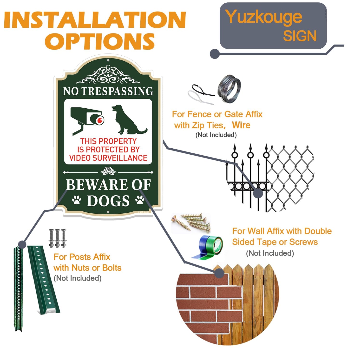Yuzkouge No Trespassing Beware of Dogs Sign - 2 Pack, 12” x 8” Rust Free Aluminum Private Property Sign, Weatherproof, Fade Resistant, Easy Mounting.