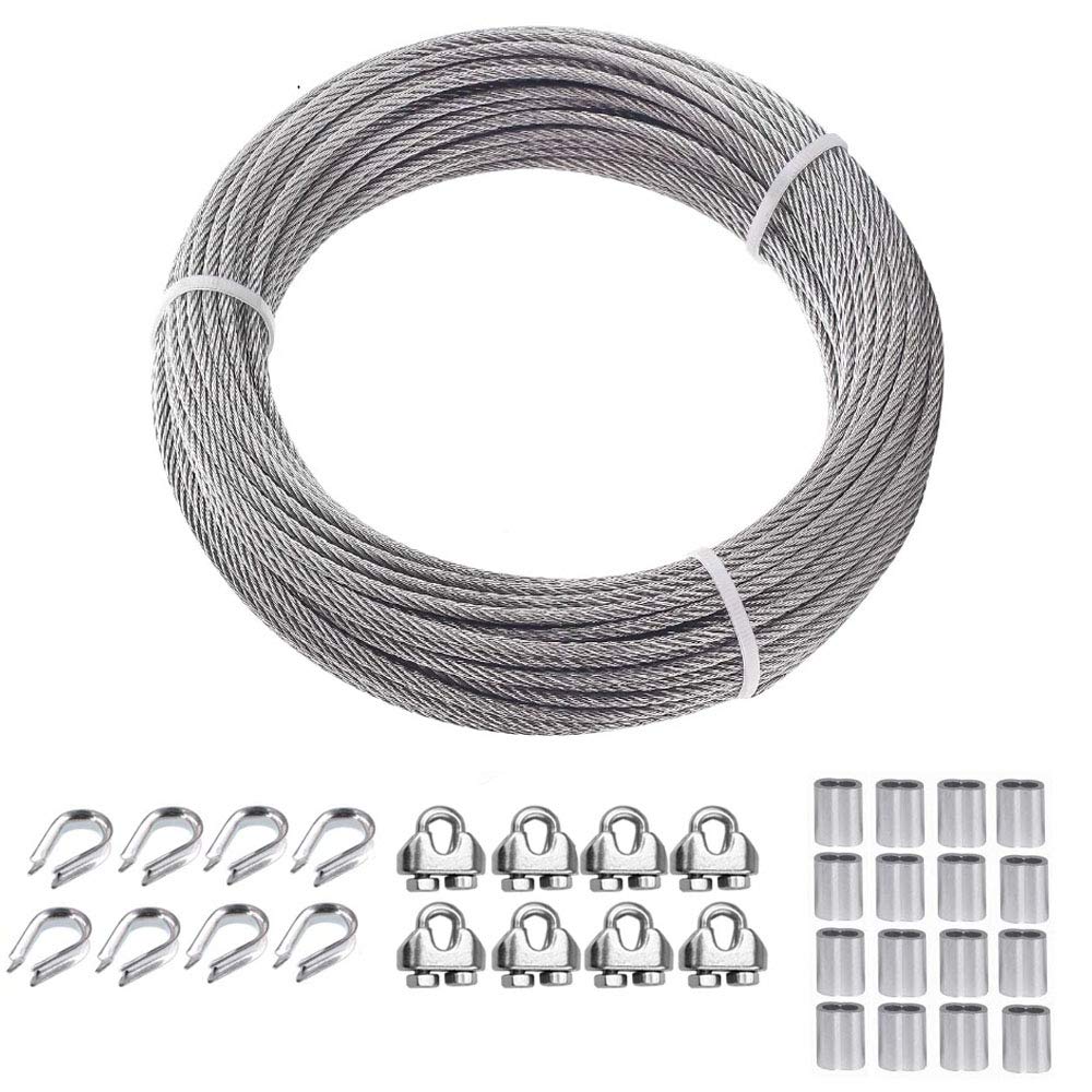 TooTaci 1/8 Wire Rope Kit, 50ft T316 Stainless Steel Cable,1/8 Aircraft Cable with 8pcs Wire Rope Clips and Steel Thimbles, 16pcs Crimping Loops, for Shade Sails, Clothesline, Deck Railing