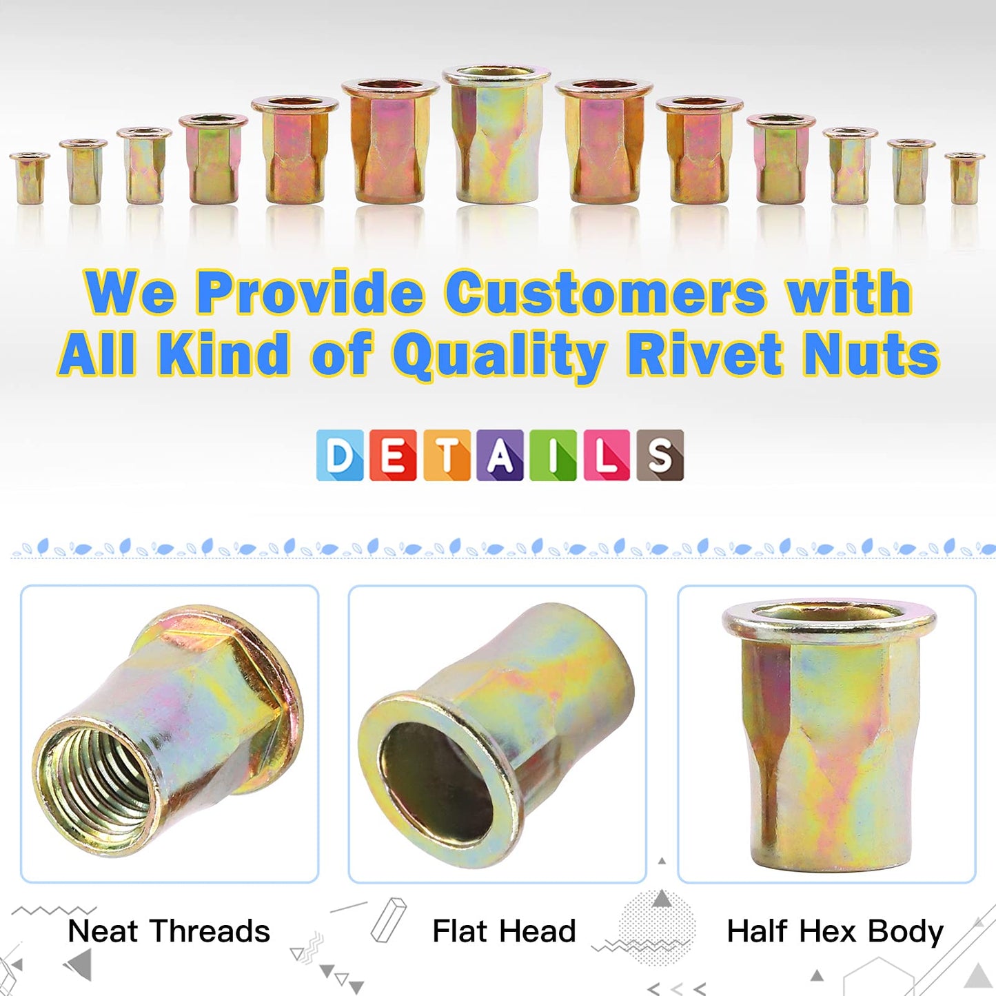 Glarks 320Pcs M3 M4 M5 M6 M8 M10 M12 Half Hex Body Flange Rivet Nuts Assortment Kit, Zinc Plated Carbon Steel Flat Head Threaded Insert Nut Rivnut Set (Rivet Nut Set)