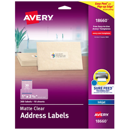 Avery Easy Peel Mailing Labels for Ink Jet Printers, 1 x 2-5/8 Inches, Clear, Pack of 300 Labels (18660)