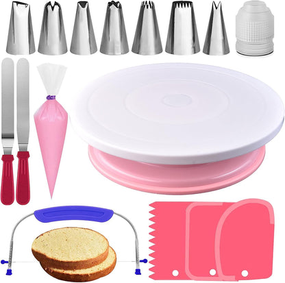 RFAQK 35 PCs Cake Decorating Kit with Cake Turntable -Leveler- Cake Stand with Non slip Base-7 Piping Tips & 20 Bags-Straight & Offset Spatula- Scraper Set-EBook-Cake Decorations & Baking Supplies Set