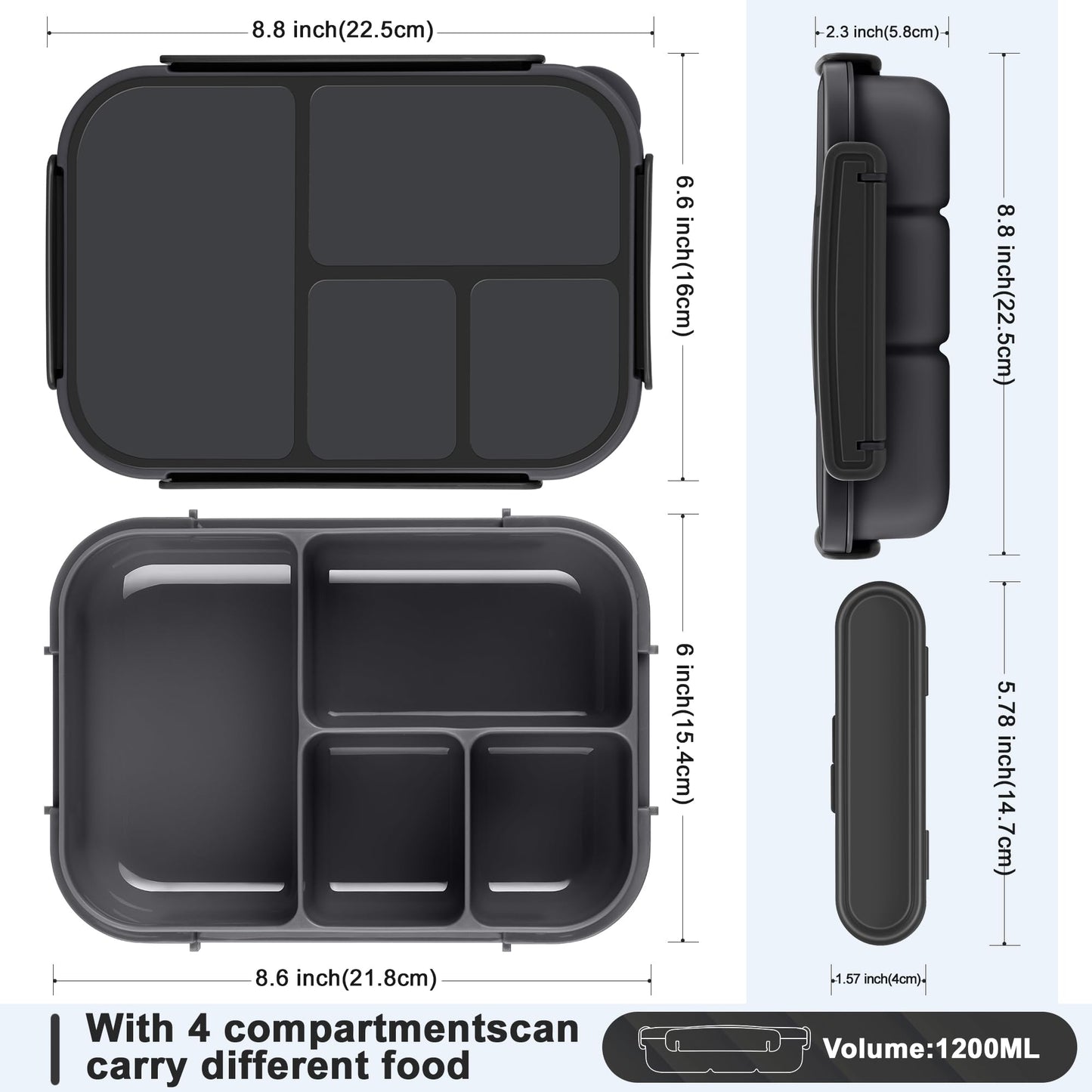 Amathley Lunch Box Kids,Bento Box Adult Lunch Box,Leakproof Lunch Containers for Adults/Kids/Toddler,1200ML-4 Compartments bento Lunch box with Utensil,Microwave & Dishwasher Safe(Dark Gray)