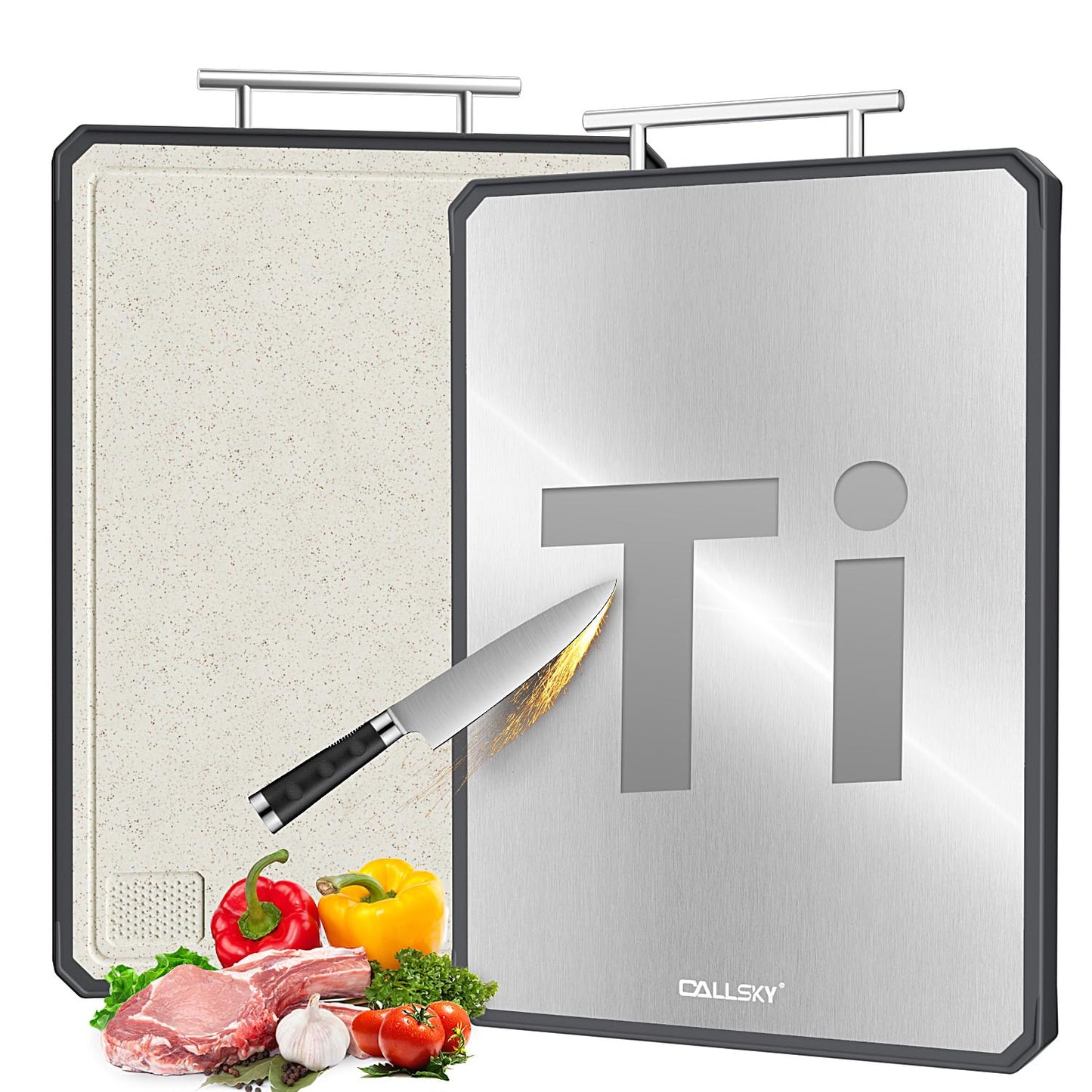 Titanium Cutting Board, Dual Sided Non-Toxic Cutting Boards, Food-Grade Metal and Plastic Chopping Board with Juice Groove for Kitchen Meat/Vegetables, Pure Titanium & Wheat Straw PP 16.3x11 in