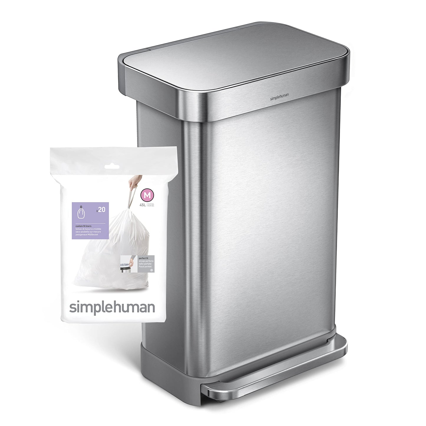 simplehuman Code M 60 Count, Dispenser Pack Custom Fit Liners, Drawstring Trash Bags, 45L / 12 Gallons, White