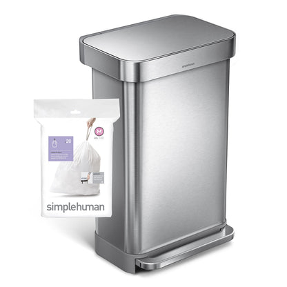 simplehuman Code M 60 Count, Dispenser Pack Custom Fit Liners, Drawstring Trash Bags, 45L / 12 Gallons, White