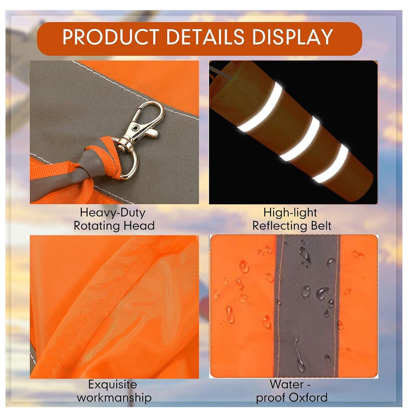 AEIMIAIDE 3PCS Windsock Wind Measurement Sock, 30 Inch Orange Airport Windsock with Reflective Belt for Outdoors Airport Farm Park + 8PCS Dual Swivel Clips for Wind Direction Measurement
