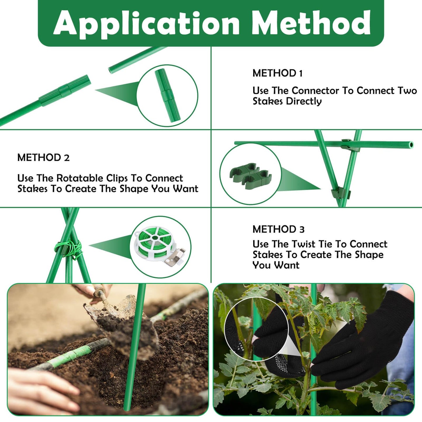 Cludoo Garden Stakes Set with 30 Sets Fiberglass Plant Stakes Sticks Supports and Accessories, DIY 4ft 5ft 6ft 7ft Tomato Stakes for Vegetables, Tomato, Pepper, Fences Indoor Outdoor Plants