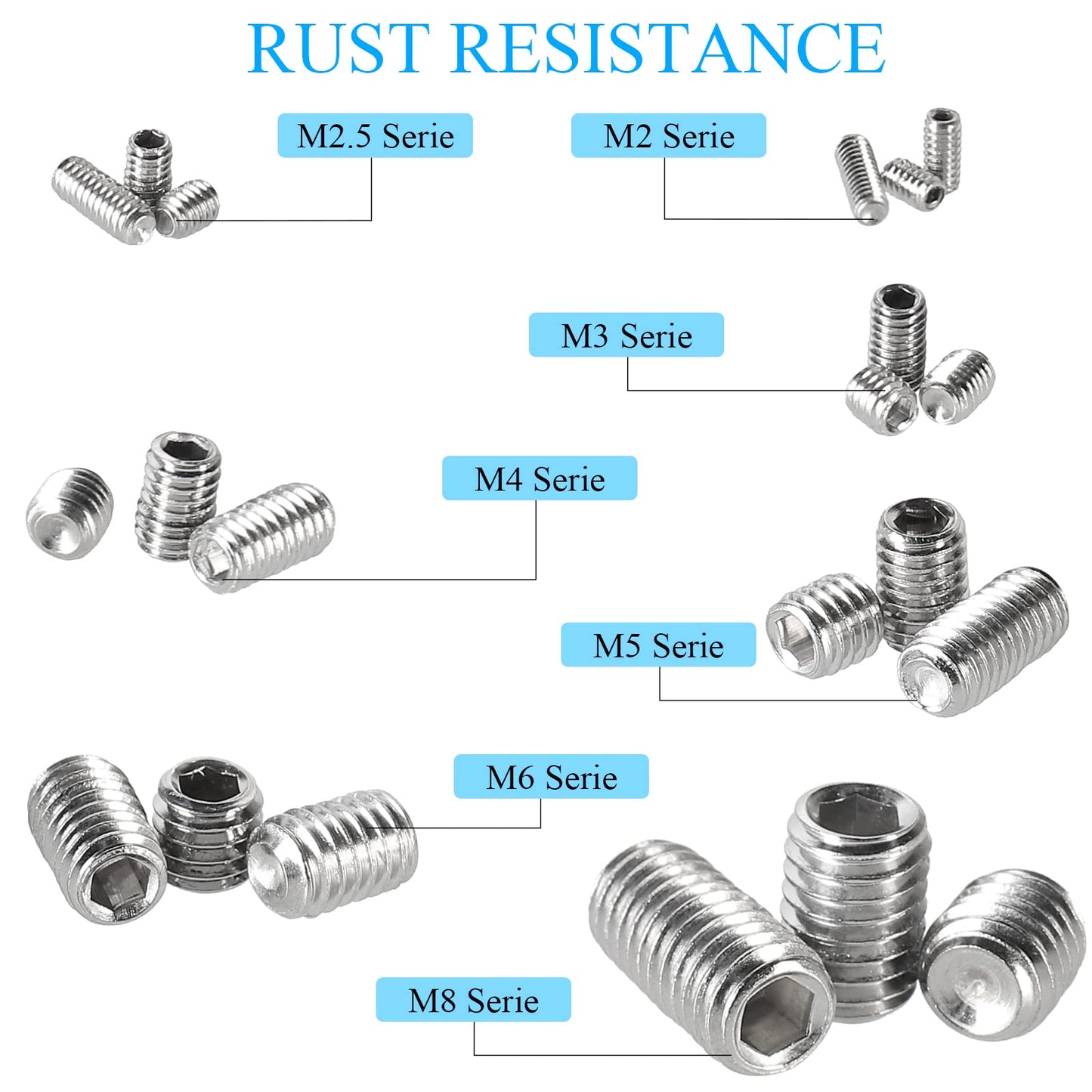 HanTof 747Pcs 21 Sizes Metric M2/M2.5/M3/M4/M5/M6/M8 Allen Head Socket Hex Grub Set Screws,Internal Hex Drive Headless Cup-Point Set Screws Assortment Kit with 7Pcs Hex Wrenches,304 Stainless Steel
