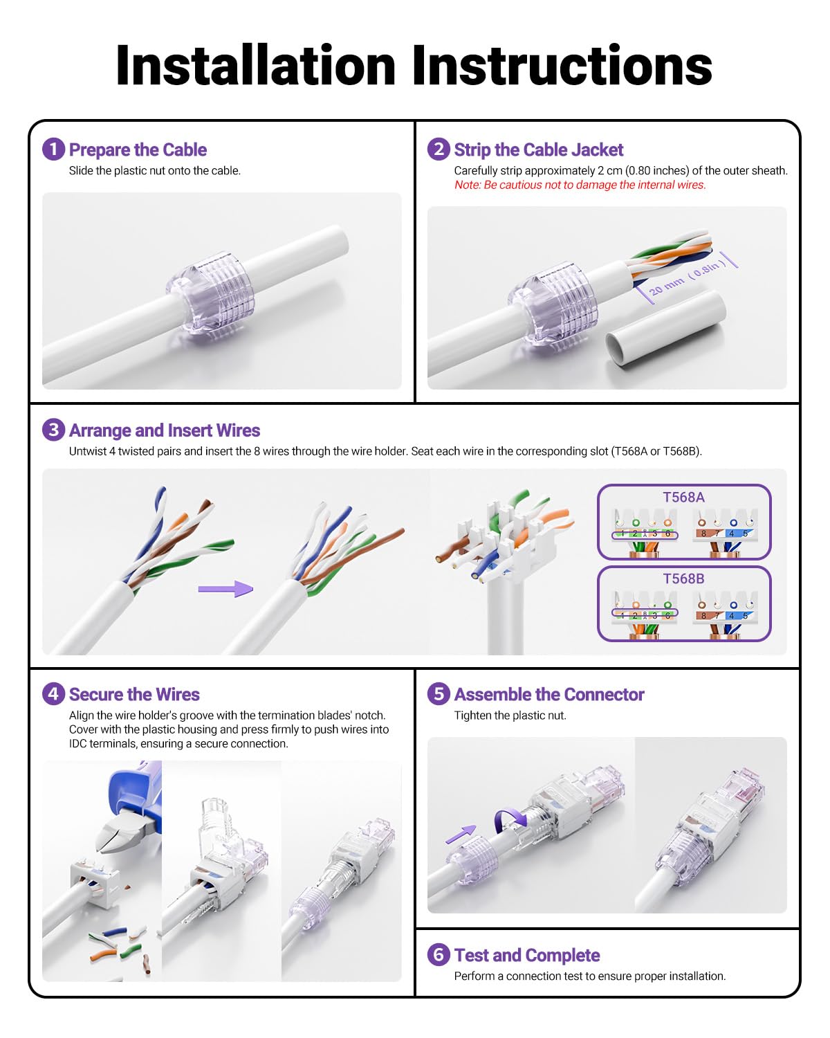 VCELINK CAT6 Tool-Free RJ45 Connector, No-Crimp Compact UTP Reusable Plug for Field Termination for 23-26 AWG Ethernet Cables, 1000 Mbps, Transparent Purple, 6-Pack