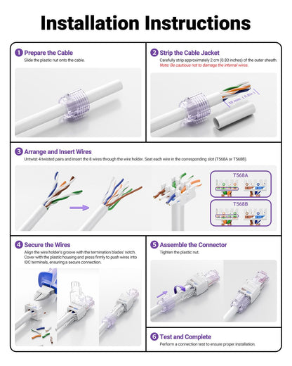 VCELINK CAT6 Tool-Free RJ45 Connector, No-Crimp Compact UTP Reusable Plug for Field Termination for 23-26 AWG Ethernet Cables, 1000 Mbps, Transparent Purple, 6-Pack