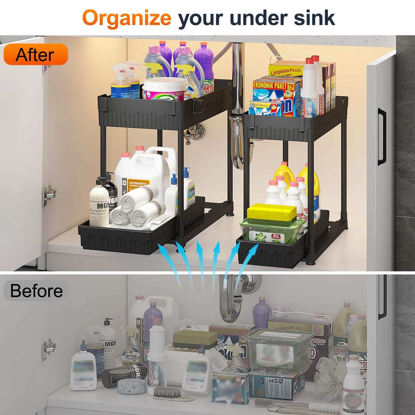 Sevenblue 2 Pack Under Sink Organizer and Storage, 2 Tier Sliding Bathroom Organizers, Multi-Use Under Sink Organizer for Bathroom and Kitchen,Black…