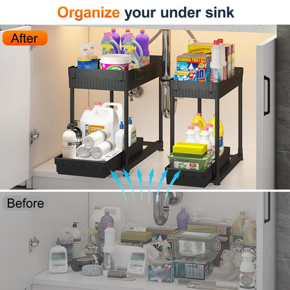 Sevenblue 2 Pack Under Sink Organizer and Storage, 2 Tier Sliding Bathroom Organizers, Multi-Use Under Sink Organizer for Bathroom and Kitchen,Black…