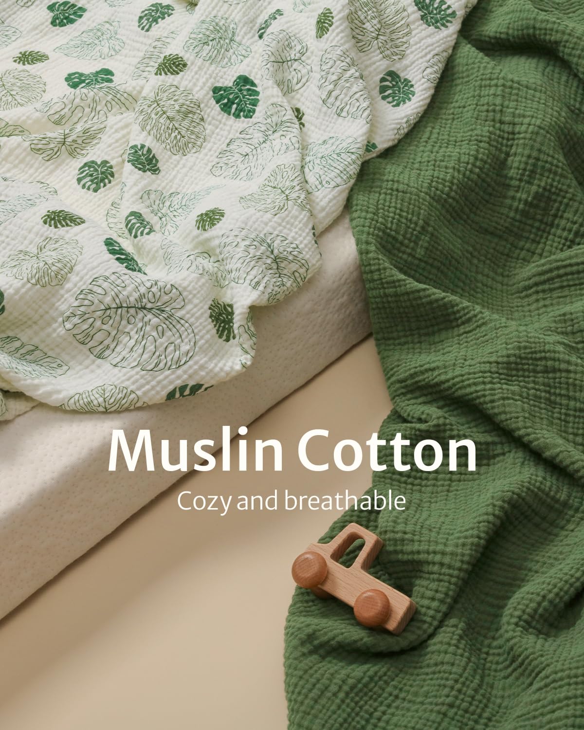 Blissful Diary Muslin Crib Sheets for Girl Boy, Boho Neutral Soft Cotton Baby Sheet for 52''x28'' Standard Crib Mattress, 2 Pack(Monstera&Dark Green)