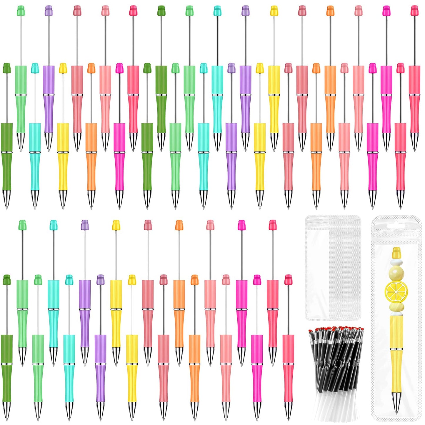 150 Pcs DIY Beadable Pens Kit, 50 Plastic Beadable Pens Bulk with 50 Refills & 50 Pen Bags, Beads Pen Black Ink Ballpoint DIY Crafting Pen for School Office Christmas Gifts