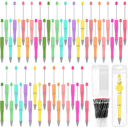 150 Pcs DIY Beadable Pens Kit, 50 Plastic Beadable Pens Bulk with 50 Refills & 50 Pen Bags, Beads Pen Black Ink Ballpoint DIY Crafting Pen for School Office Christmas Gifts