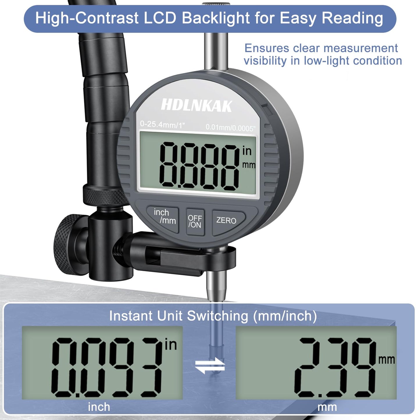 HDLNKAK Electronic Digital Dial Indicator Gauge Inch/Metric Conversion 0-1 Inch/25.4 mm Digital Probe Indicator Dial Test Gauge High Resolution: 0.0005''/0.01mm