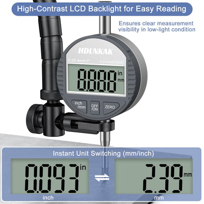 HDLNKAK Electronic Digital Dial Indicator Gauge Inch/Metric Conversion 0-1 Inch/25.4 mm Digital Probe Indicator Dial Test Gauge High Resolution: 0.0005''/0.01mm